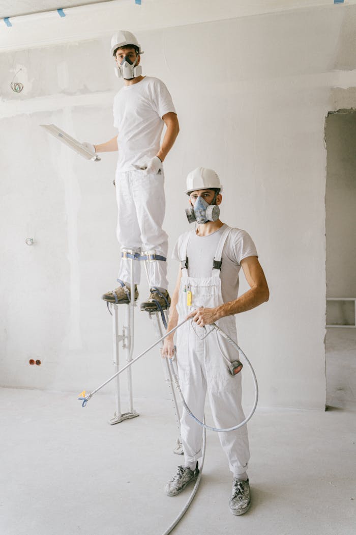 mobile-02 Two painters in protective gear working on a home renovation project, wearing masks and white uniforms.