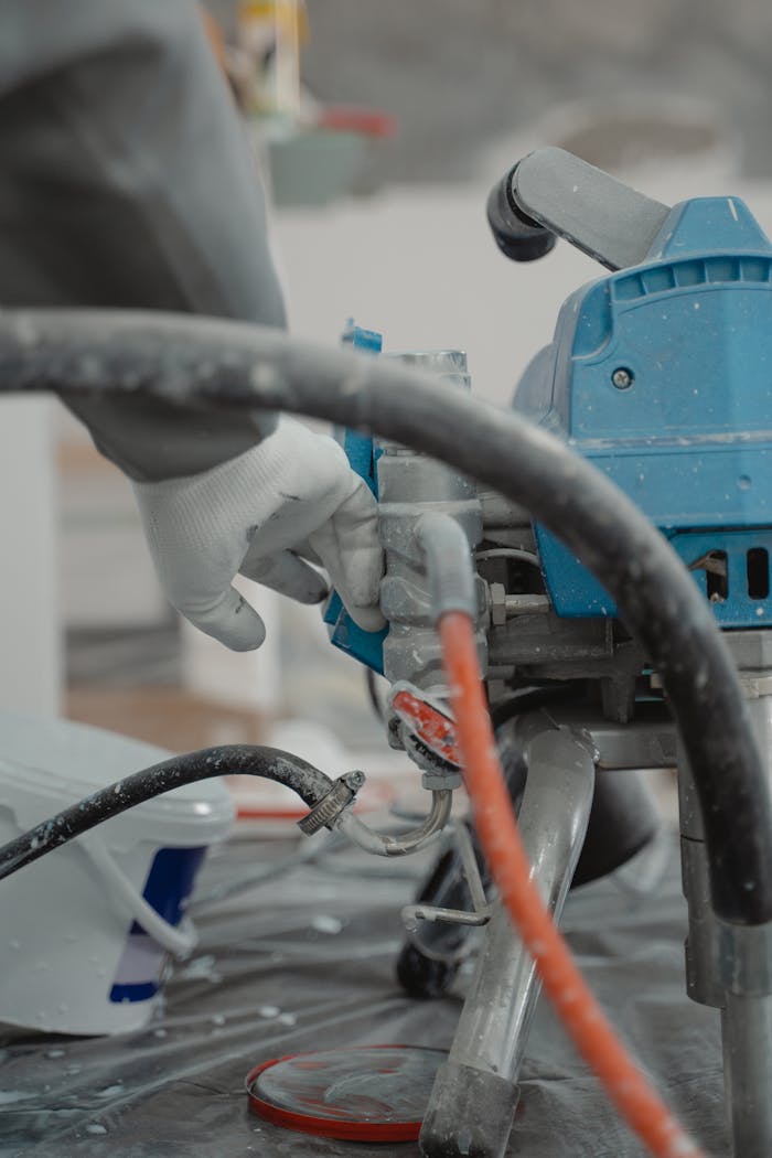 creative-02 Man wearing gloves operating a paint machine during renovation, featuring hoses and equipment.